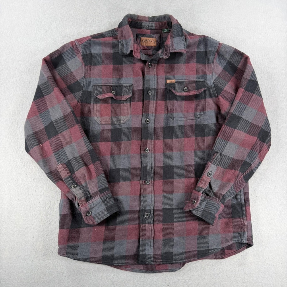 Orvis Mens Flannel Shirt Medium Burgundy Grey Plaid Lined Button Down Shirt